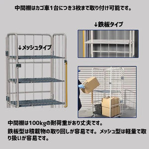 ロールボックスパレット　 800W×600D×1700H　MPR-1C-K-M3　看板付き　メッシュ中間棚３枚付き